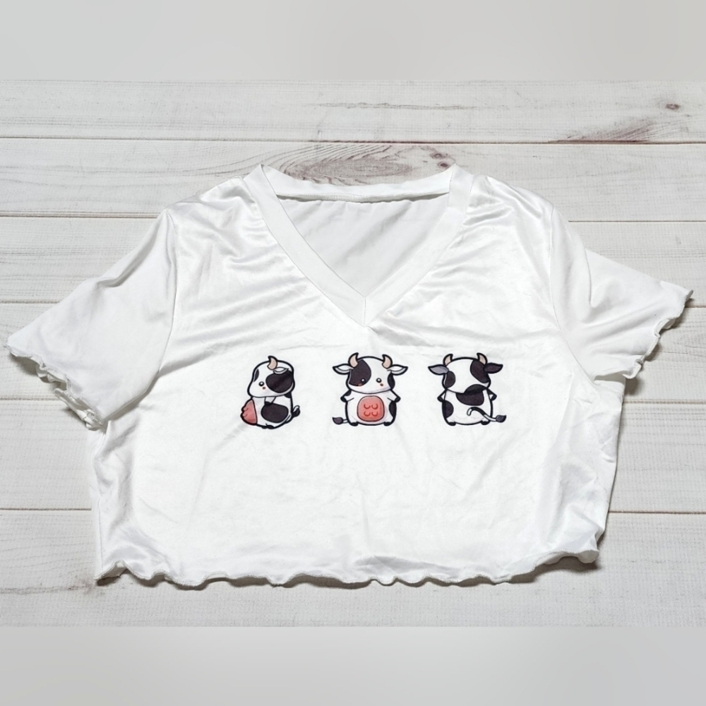 Cartoon Cow Graphic Short Sleeve Crop Tee Large - New Without Tags